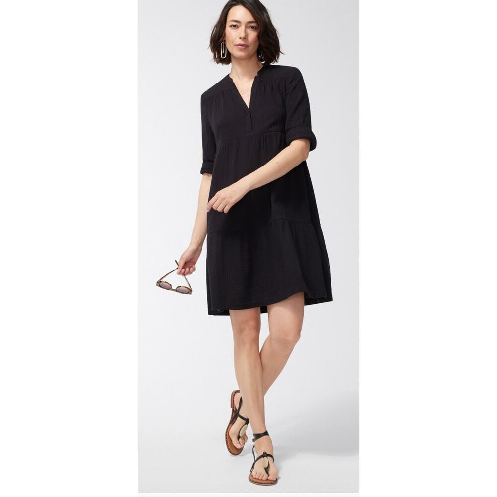 Chicos Gauze Tiered Dress Womens XL Chicos 3 Black New Roll Tab Sleeve Cotton